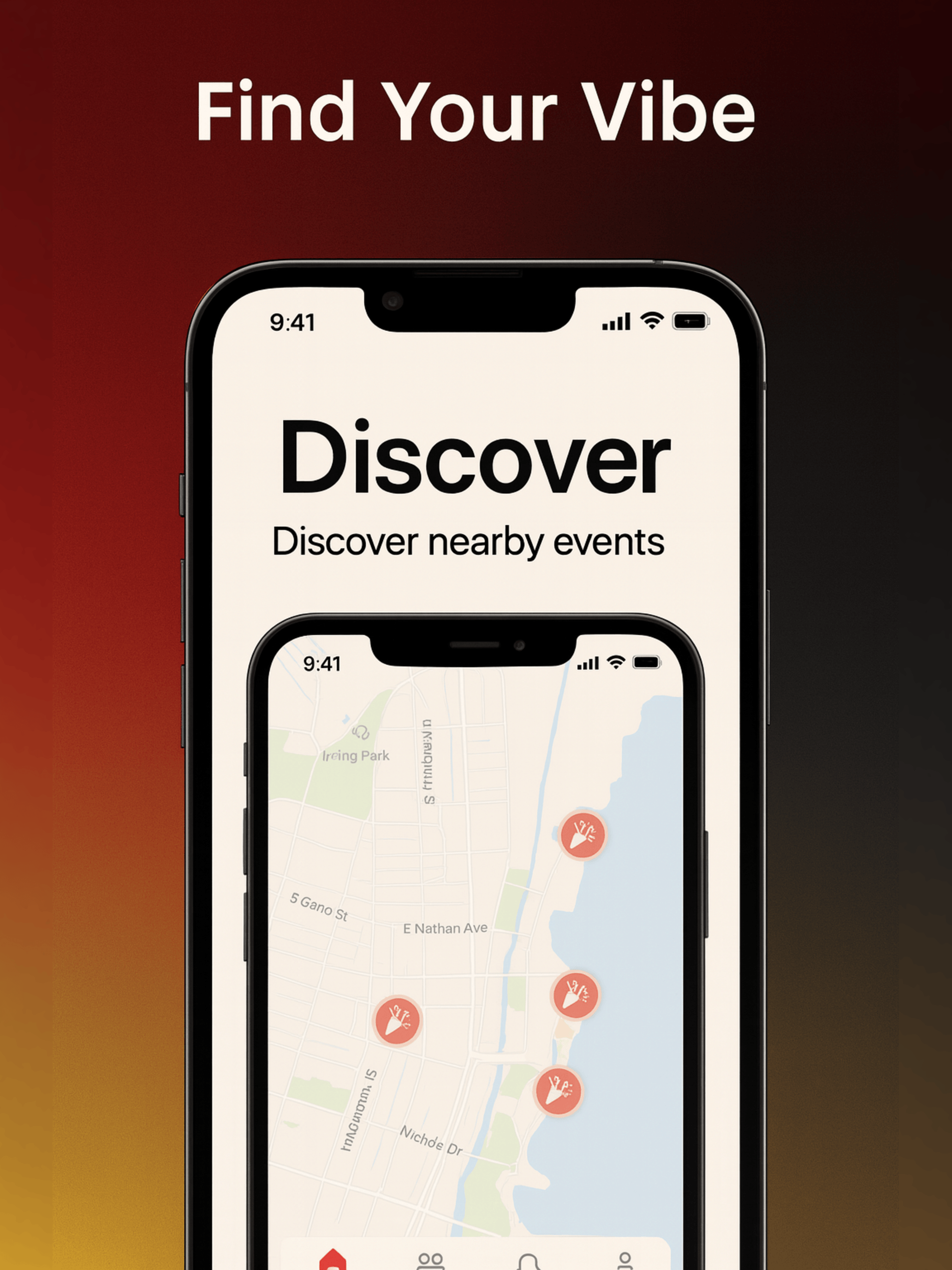 Authentic Vibe app interface showing nearby event discovery